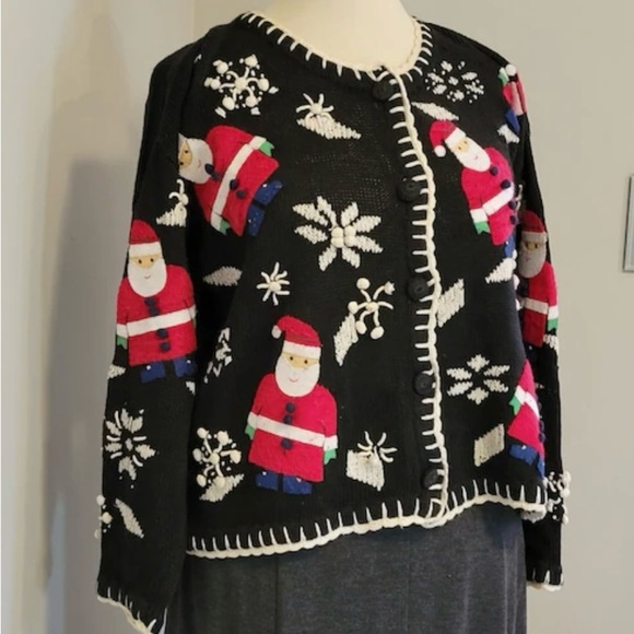 Vintage Segue Women's Christmas Sweater Cardigan Santa Hands Sewn Petite Medium - Picture 8 of 8